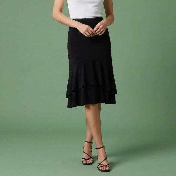 90s Vintage Black Asymmetrical Ruffle Hem Midi Skirt Elegant Feminine size Large - Picture 1 of 7